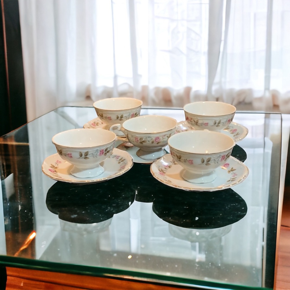 VTG Bristol Fine China “Spring Garden” Floral Tea Cup Saucers & Dessert Plates